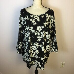 Lane Bryant Blouse Tunic Top Size 16 Womens Black White Floral 3/4 Bell Sleeve